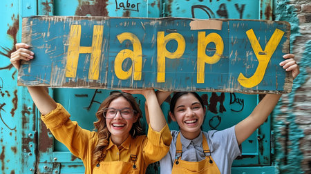 Two young women in yellow overalls holding a sign with the word happyの素材