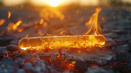 Burning thermometer on the ground in the rays of the setting sunの素材