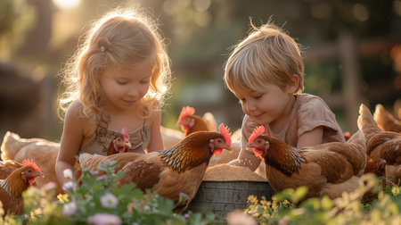 Cute little children, boy and girl, playing with chickens in the garden at sunsetの素材