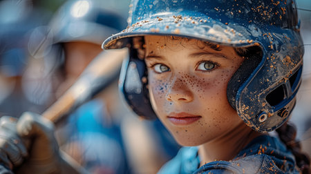 Close-up portrait of a girl in a helmet with a baseball batの素材