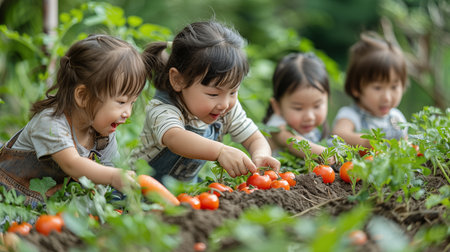 Little asian girl picking tomatoes in the garden with her friends.の素材