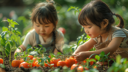 Cute little asian girl picking fresh tomatoes in the garden.の素材