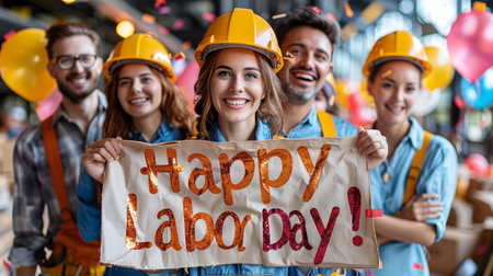 Happy labor day. Group of happy workers in hardhats holding banner with happy labor day textの素材