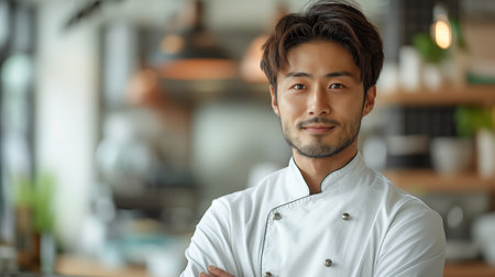 Portrait of handsome asian male chef in professional uniform standing in kitchen.の素材