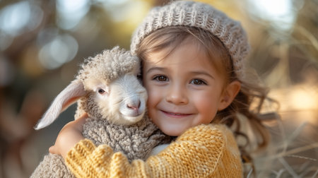 Cute little girl in a knitted hat with a goat in her armsの素材