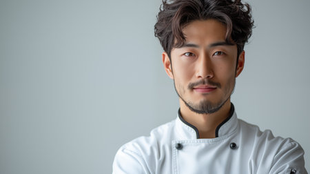 Portrait of a young asian male chef in white uniform on gray backgroundの素材