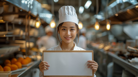 Portrait of young asian woman chef in white uniform and hat standing in kitchen.の素材
