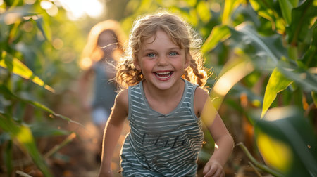 Portrait of a happy little girl in corn field at sunset.の素材
