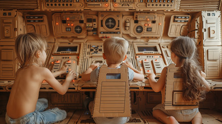 Children playing with cardboard spaces. Kids play with toys in the roomの素材