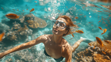 Young woman in swimsuit and glasses swimming underwater in coral reef.の素材