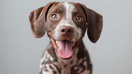 German Shorthaired Pointer dog with tongue out on gray backgroundの素材