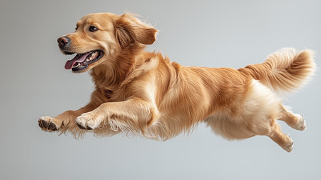 Studio shot of a golden retriever dog jumping against gray background.の素材