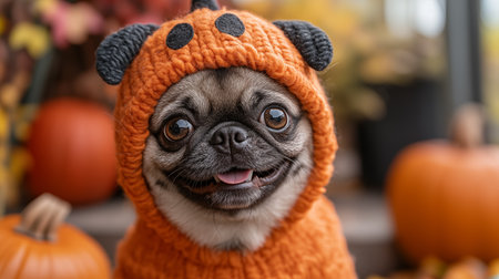 Cute pug dog wearing funny hat and scarf for halloweenの素材