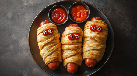 Funny sausage in dough with eyes and ketchup on dark backgroundの素材
