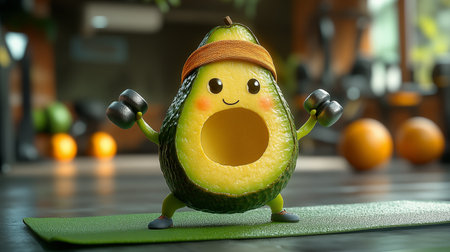 Funny and cute avocado character exercising with dumbbells in the gymの素材