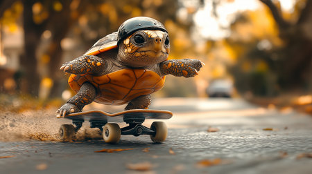 Cute little turtle riding a skateboard in the autumn park.の素材