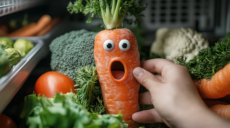 Close up of human hand holding carrot with different vegetables in the backgroundの素材
