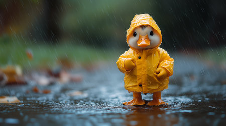 Cute yellow rubber duck in raincoat standing in the rain.の素材
