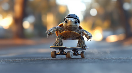 turtle rides a skateboard in the park. 3d renderingの素材