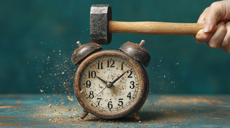Alarm clock and hammer with sand on wooden table, closeupの素材