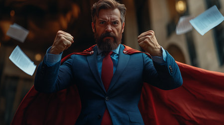 Superhero businessman with red cape and papers flying in the air.の素材