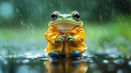 Frog in raincoat sitting on a puddle in the rainの素材