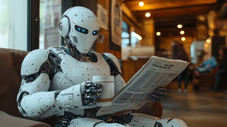 Robot reading newspaper while sitting on sofa in coffee shop at nightの素材