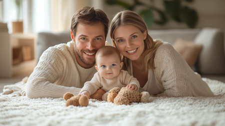 Happy young parents with adorable baby at home, closeupの素材