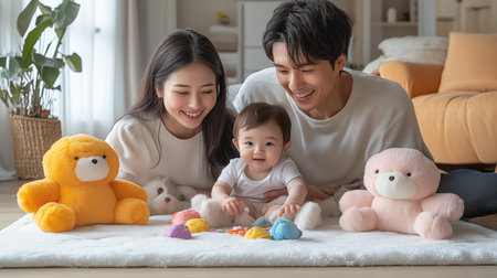 Happy asian family playing with toys at home. Mother, father and baby playing together.の素材