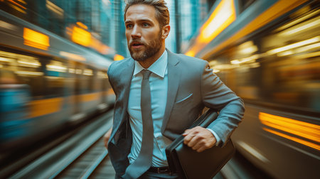 Businessman with suitcase in the city. Blurred motion background.の素材