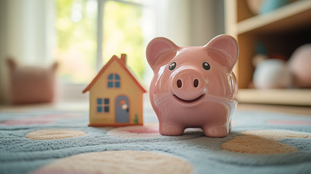 Piggy bank and house on the carpet in the living roomの素材