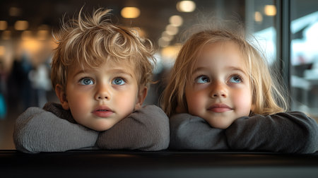 Portrait of two cute little kids, boy and girl, looking at cameraの素材