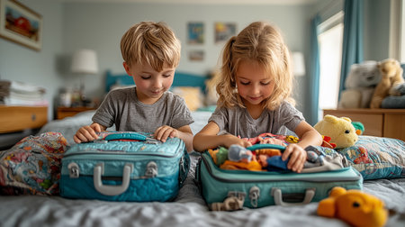 Two cute little children, boy and girl, sitting on the bed and packing their travel suitcasesの素材
