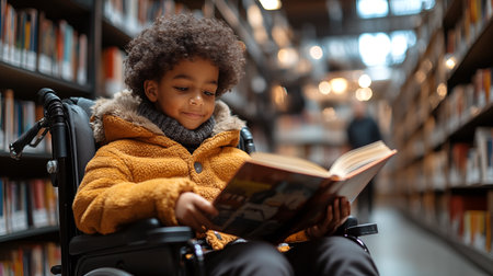 Portrait of cute african american boy in wheelchair reading book in libraryの素材