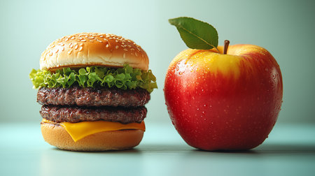 Hamburger and apple on a blue background. Toned.の素材