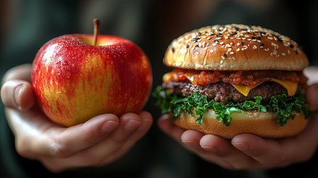 Hands holding hamburger and apple, closeup. Healthy food conceptの素材