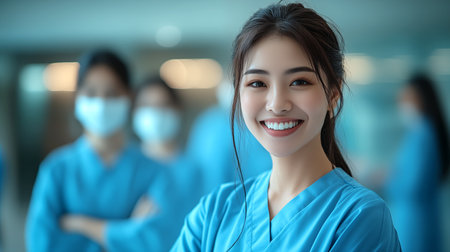 Portrait of a beautiful asian nurse in the operating room.の素材