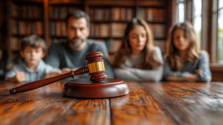 law theme, mallet of judge, family with children on backgroundの素材