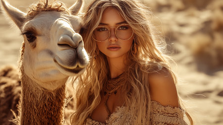 fashion outdoor photo of beautiful sensual woman with blonde hair in elegant dress and accessories posing in desertの素材