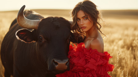 Beautiful woman in red dress with black bull on field at sunsetの素材