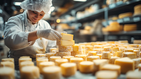 Cheese production. Selective focus of young woman in white uniform working in cheese factoryの素材