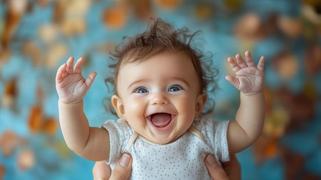 Portrait of a cute baby girl on the background of autumn leavesの素材