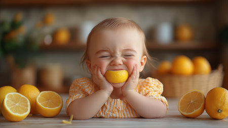 Cute little baby girl with lemon in kitchen. Healthy food for childrenの素材