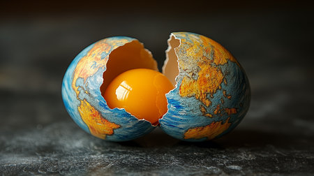 Broken egg and eggshell on a dark background. Global warming conceptの素材