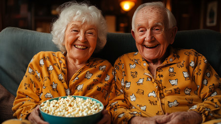 Portrait of happy senior couple sitting on sofa at home and eating popcornの素材
