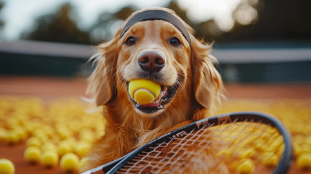 Portrait of a dog with tennis racket and ball on a tennis courtの素材