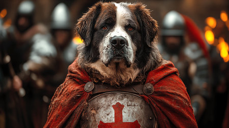 Handsome St. Bernard dog in medieval costume on the background of fireの素材