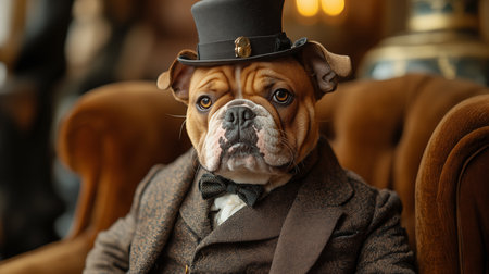 English bulldog wearing a top hat and bow tie sitting in a chairの素材