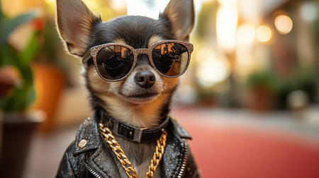Fashionable chihuahua dog wearing sunglasses on the streetの素材