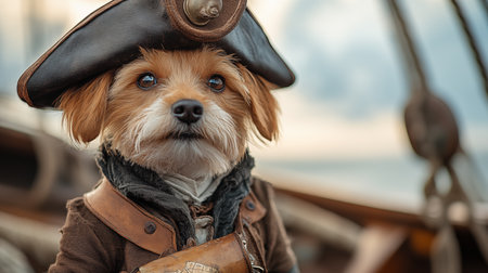 Portrait of a dog in a pirate costume on a background of an old shipの素材